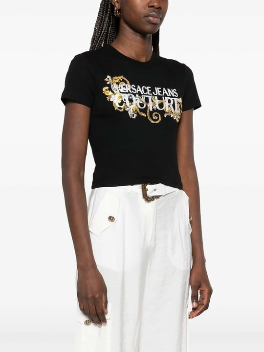 Tシャツ・カットソー VERSACE JEANS COUTURE Woman T-Shirt Black 78HAHC05CJ02C G89 Versace Kadın Slim Fit Pamuklu Kısa Kollu Crop Siyah-Altın T