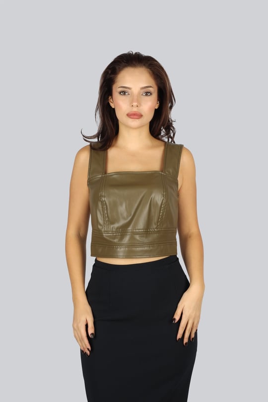 Ysatiss Ysatiss Kadın Normal Kalıp Kare Yaka Askılı Crop Haki Bluz KYS5000103-HAKİ