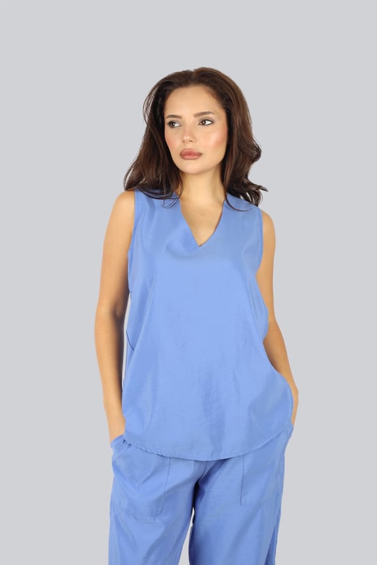 Ysatiss Ysatiss Kadın V Yaka Normal Kalıp Kolsuz Mavi Bluz 2525.5000155-MAVİ