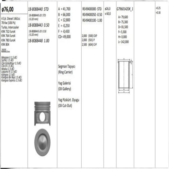 MOTOR PISTON+SEGMANI MEGANE II SCENIC CLIO III MODUS LAGUNA III KANGOO (1.5DCI EURO4 K9K) [(76.00MM)