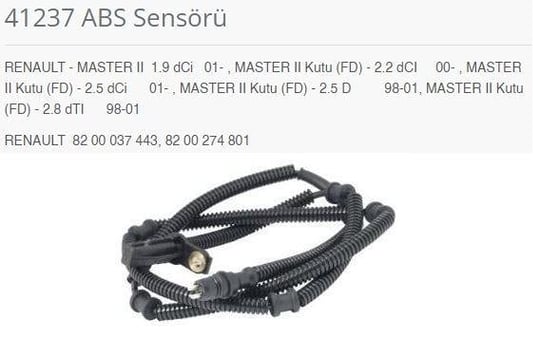 ABS SENSÖRÜ RENAULT - MASTER II 1.9 DCİ 01-.MASTER II KUTU FD - 2.2 DCI 00-.MASTER II KUTU FD - 2.5 DCİ 01-.MASTER II KUTU FD - 2.5 D 98-01. MASTER II KUTU FD - 2.8 DTI 98-01