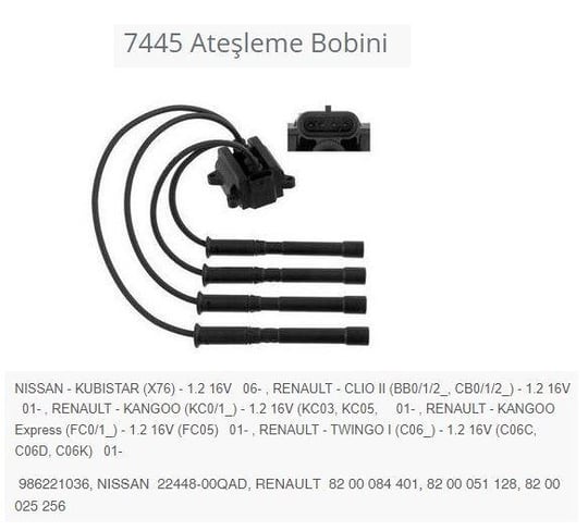 ATEŞLEME BOBİNİ NISSAN - KUBISTAR X76 - 1.2 16V 06 -.RENAULT - CLIO II BB0/1/2_. CB0/1/2_ - 1.2 16V 01-.RENAULT - KANGOO KC0/1_ - 1.2 16V KC03. KC05. 01-.RENAULT - KANGOO EXPRESS FC0/1_ - 1.2 16V FC05 01-.RENAULT - TWINGO I C06_ - 1.2 16V C06C. C06D.