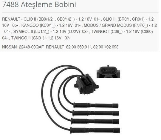 ATEŞLEME BOBİNİ RENAULT - CLIO II BB0/1/2_. CB0/1/ 2_ - 1.2 16V 01-.CLIO III BR0/1. CR0/1 - 1.2 16V 05-.KANGOO KC0/1_ - 1.2 16V 01-.MODUS / GRAND MODUS F/JP0_ - 1.2 04-.SYMBOL II LU1/2_ - 1.2 16V LU2V 08-.TWINGO I C06_ - 1.2 16V C060 04-.TWINGO II CN0