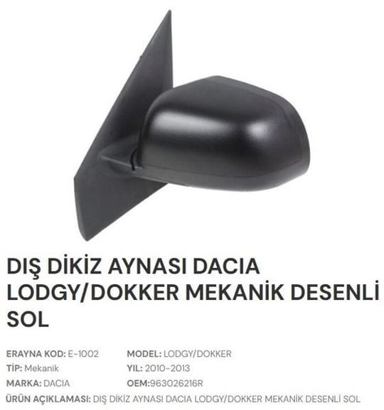 DIŞ DİKİZ AYNASI MEKANİK DESENLİ SOL DACİA LODGY D OKKER 2013>