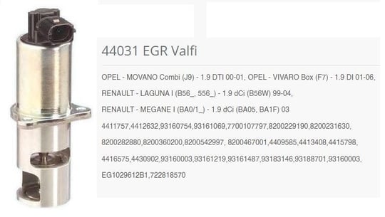 EGR VALFİ OPEL - MOVANO COMBİ J9 - 1.9 DTI 00-01. OPEL - VIVARO BOX F7 - 1.9 DI 01-06. RENAULT - LAGUNA I B56_. 556_ - 1.9 DCİ B56W 99-04. RENAULT - MEGANE I BA0/1_ - 1.9 DCİ BA05. BA1F 03