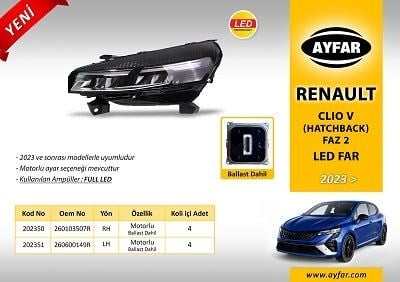 FAR KOMPLE SOL FULL LED MOTORLU RENAULT CLIO V HATCBACK 2023-->  FAZ 2  BALLAST BEYİN DAHİL