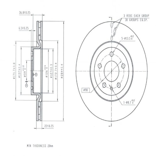 FREN DISK ON HAVA KANALLI 284-5-(FIAT : EGEA 1.3 MJT-1.6 MJT-1.4 16v-1.6 16v FIAT : 500L 1.6 MJT -1.4 2012>   )