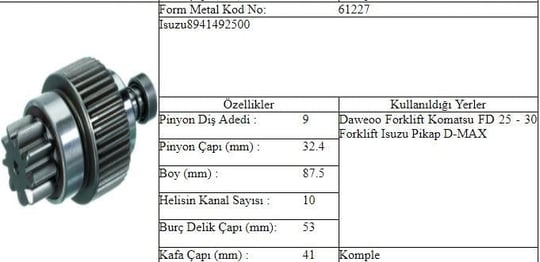 MARŞ DİŞLİ 9D.DAEWOO KOMATSU F.LIFT DMAX
