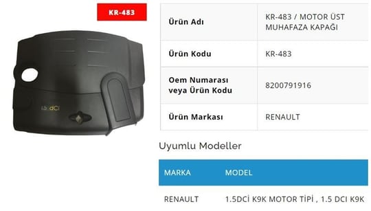 MOTOR KORUMA KAPAĞI ÜST CLIO II KANGOO II LOGAN SANDERO 1.5 DCI K9K