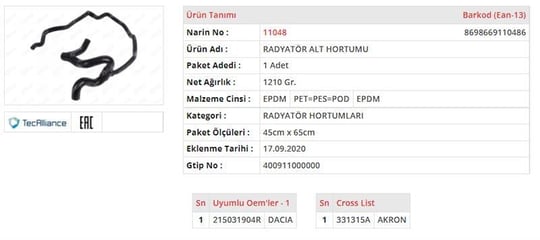 RADYATÖR ALT HORTUMU DACIA LODGY  1.6