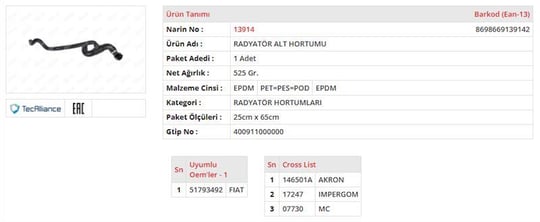 RADYATÖR HORTUMU ALT FIAT 500 1.4