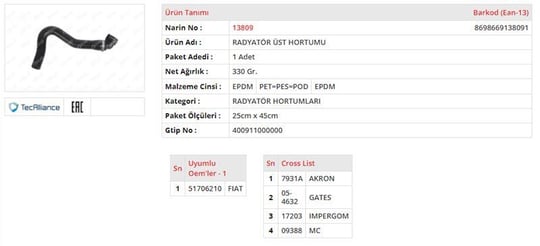 RADYATÖR HORTUMU ÜST FIAT PANDA 1.3 MULTIJET