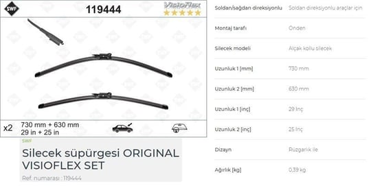 SILGI SÜPÜRGESI SWF VISIOFLEx FLAT BLADE 2 ADET TAKIM 730 + 630 MM CMAX II 10> 
