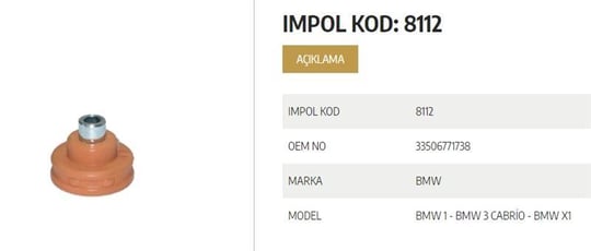 SÜSPANSİYON TAKOZU ARKA-ALT BMW BMW 3 CABRİO-BMW X 1-BMW 1 ESKİ KOD 8112