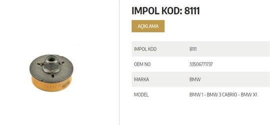 SÜSPANSİYON TAKOZU ARKA-ÜST BMW BMW 3 CABRİO-BMW X 1-BMW 1 ESKİ KOD 8111