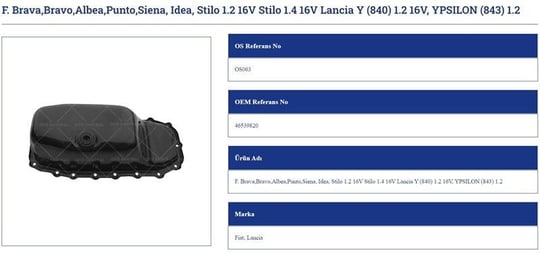 YAĞ KARTERİ FİAT BRAVA BRAVO ALBEA PUNTO SİENA IDEA STILO 1.2 16V STILO 1.4 16V LANCIA Y 840 1.2 16V