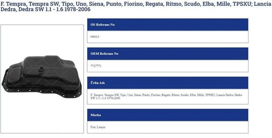 YAĞ KARTERİ FİAT TEMPRA TEMPRA SW TIPO UNO SIENA PUNTO FIORINO REGATA RITMO SCUDO ELBA MILLE TPSXU DEDRA 78>06