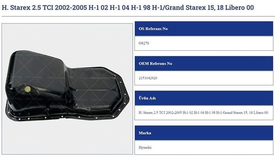 YAĞ KARTERİ HYUNDAİ STAREX 2.5 TCI D 02 05 