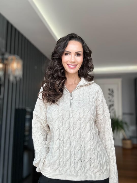 Ekru Fermuarlı Saç Örgü Triko Kazak