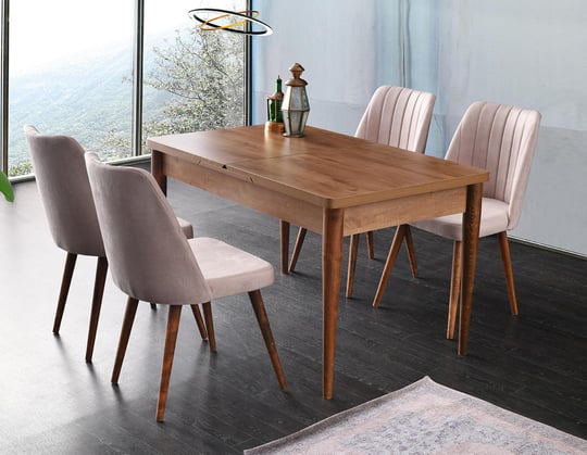NECO AHŞAP KELEBEK MASA CEVİZ + ALFA KREM 4 SANDALYE