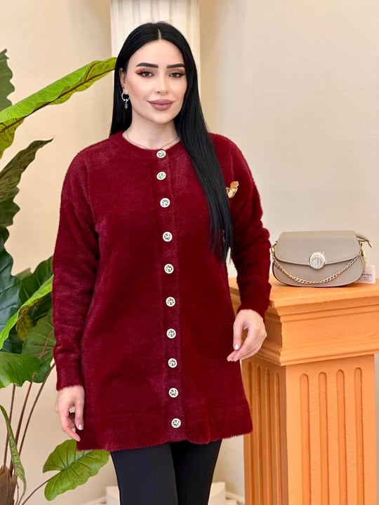Angora Broşlu Uzun Hırka 7668 T-25 Bordo