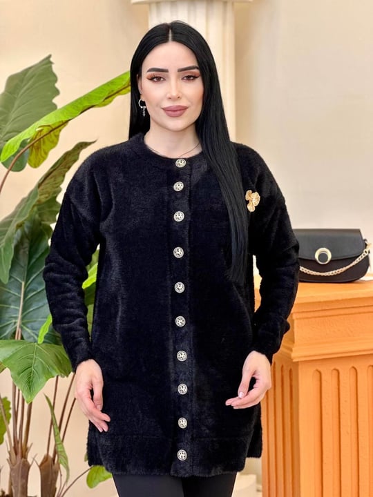 Angora Broşlu Uzun Hırka 7668 T-25 Siyah