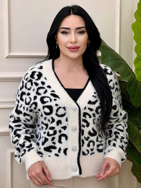 Angora Düğmeli Leopar Hırka 7588 t-24 Ekru