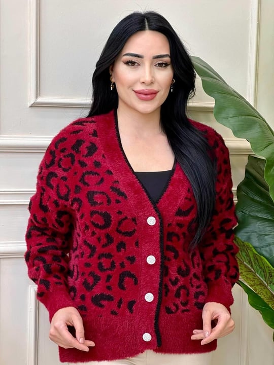 Angora Düğmeli Leopar Hırka 7588 t-24 Bordo