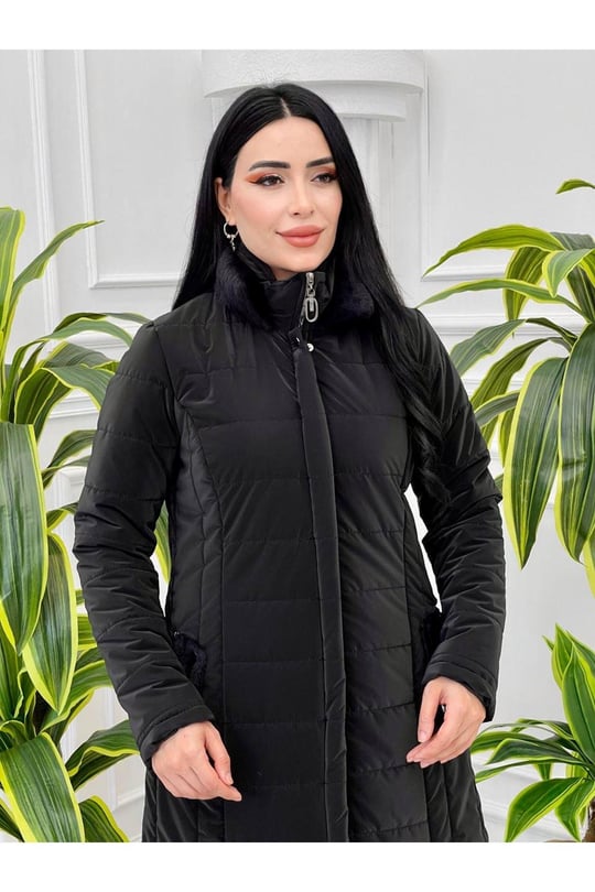 Angora Yaka Şişme Kaban 7302 Siyah