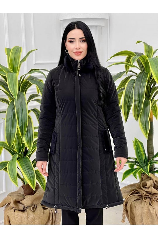 Angora Yaka Şişme Kaban 7302 Siyah