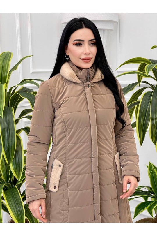 Angora Yaka Şişme Kaban 7302 Vizon