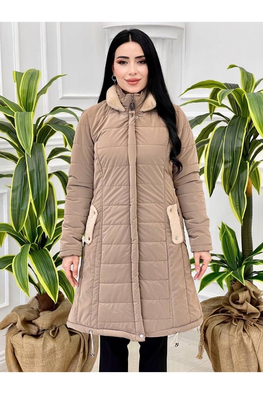 Angora Yaka Şişme Kaban 7302 Vizon