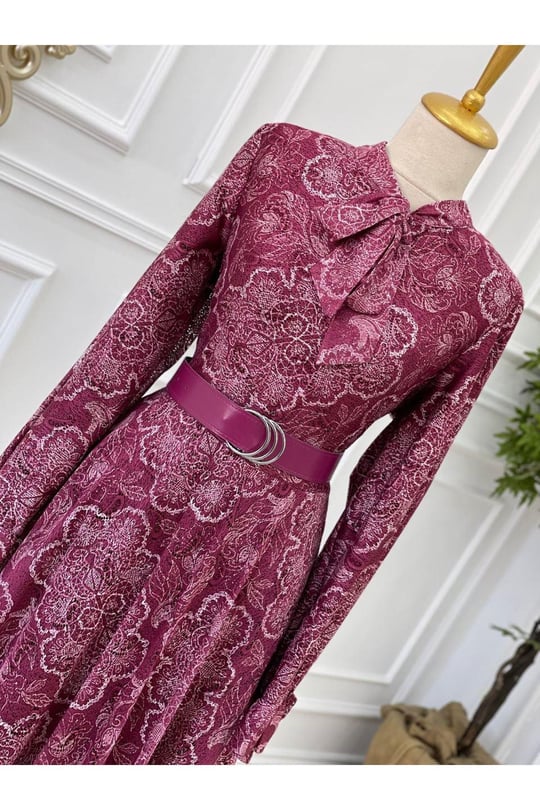 Bağcıklı Güpür Elbise 3469 Bordo