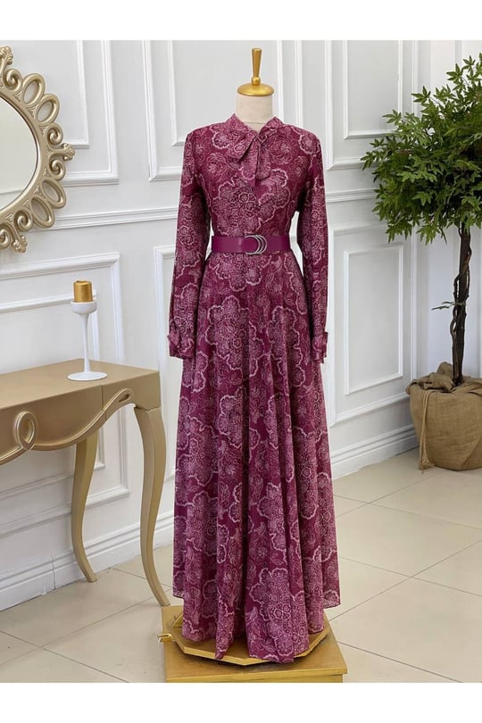 Bağcıklı Güpür Elbise 3469 Bordo