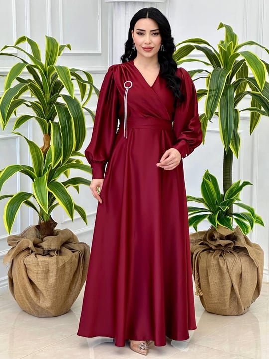 Bağlama Detay Saten Elbise 1522 T-24 Bordo