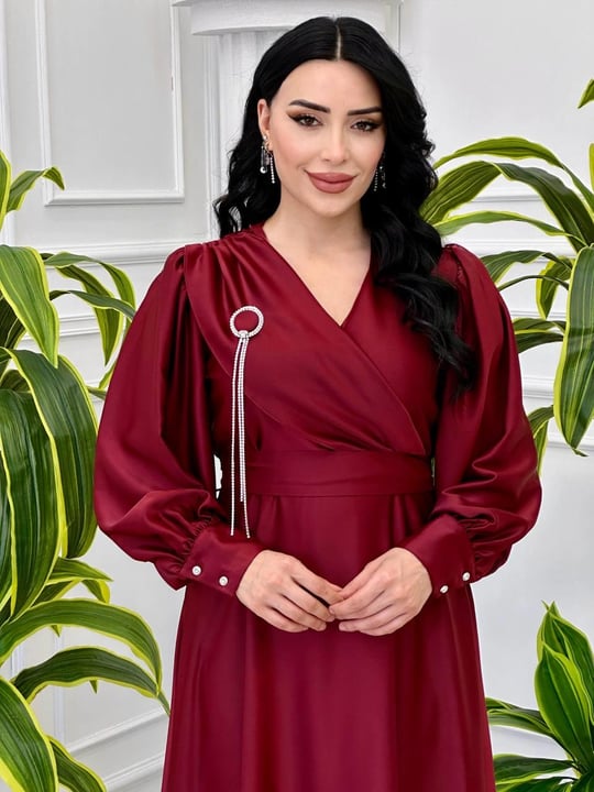Bağlama Detay Saten Elbise 1522 T-24 Bordo