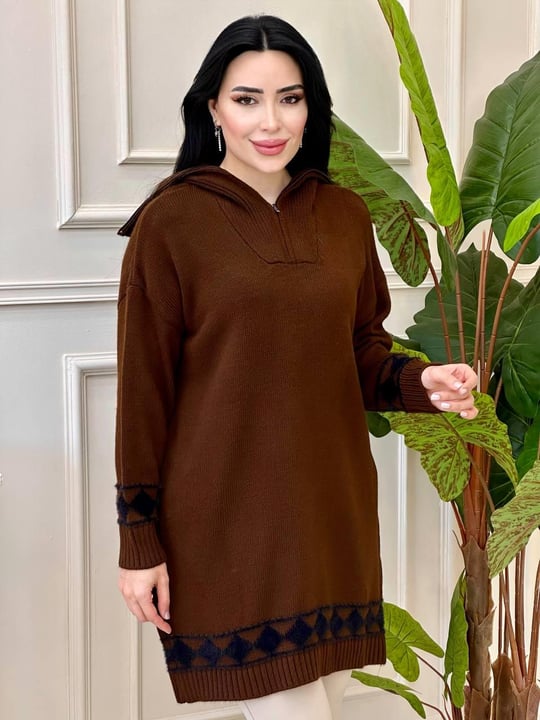Baklava Desen Fermuarlı Tunik 34010 t-24 Kahverengi