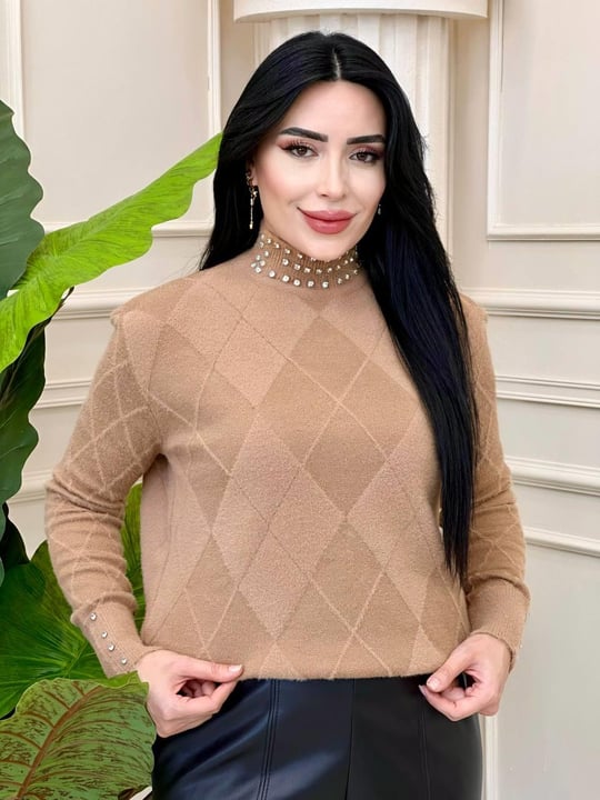 Baklava Desen Taş Yaka Bluz 5230 t-24 Bisküvi