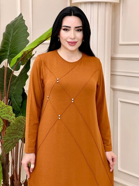 Baklava Şerit Yumoş Örme Elbise 9058 t-24 Taba