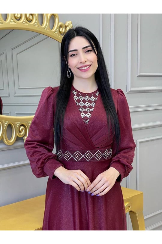 Baklava Taş Simli Elbise 3883 Bordo