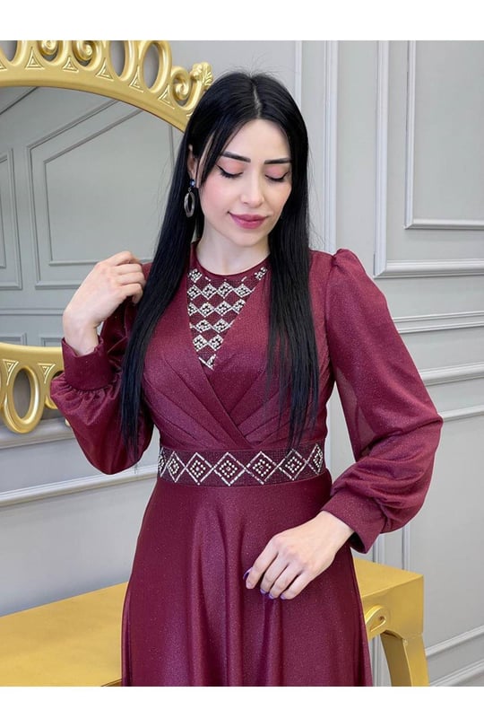Baklava Taş Simli Elbise 3883 Bordo