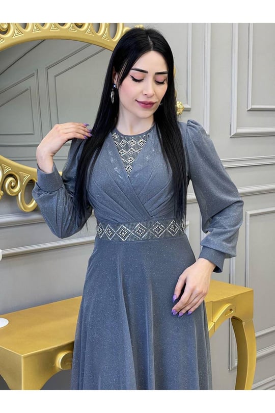 Baklava Taş Simli Elbise 3883 Gri