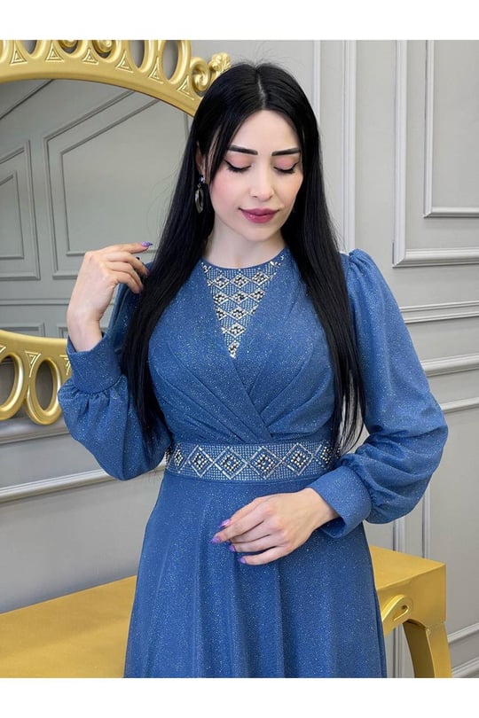 Baklava Taş Simli Elbise 3883 İndigo Mavi