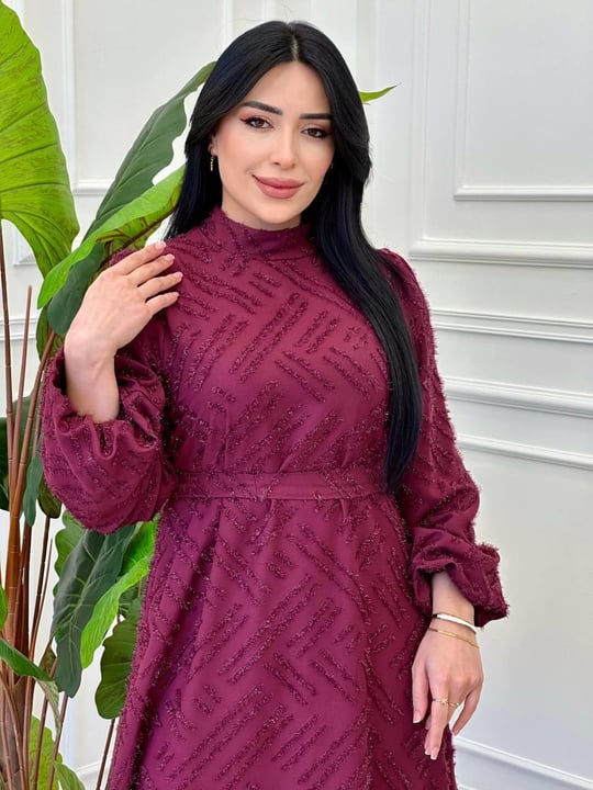 Balon Kol Sim Detay Elbise 9564 e-25 Bordo