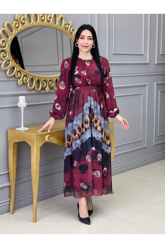 Baskı Desen Elbise 5136 Bordo