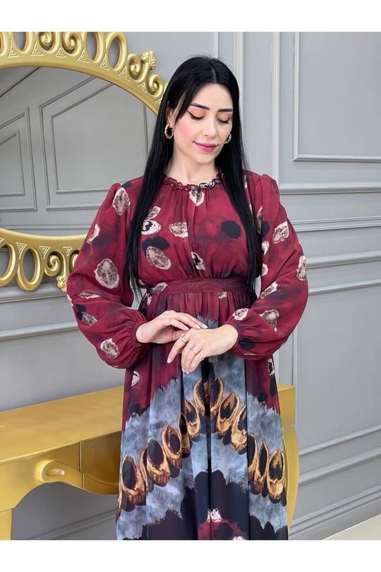 Baskı Desen Elbise 5136 Bordo