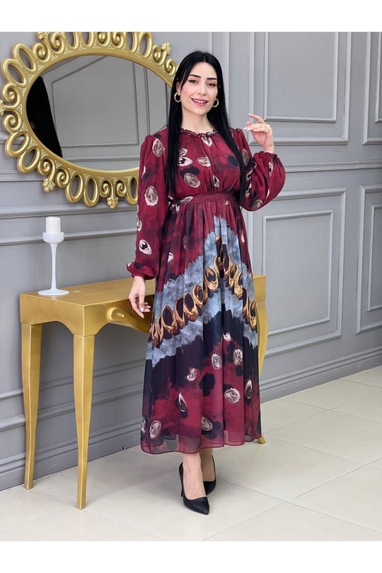Baskı Desen Elbise 5136 Bordo
