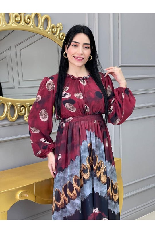 Baskı Desen Elbise 5136 Bordo