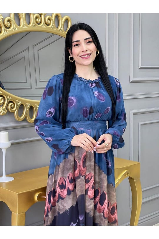 Baskı Desen Elbise 5136 İndigo Mavi