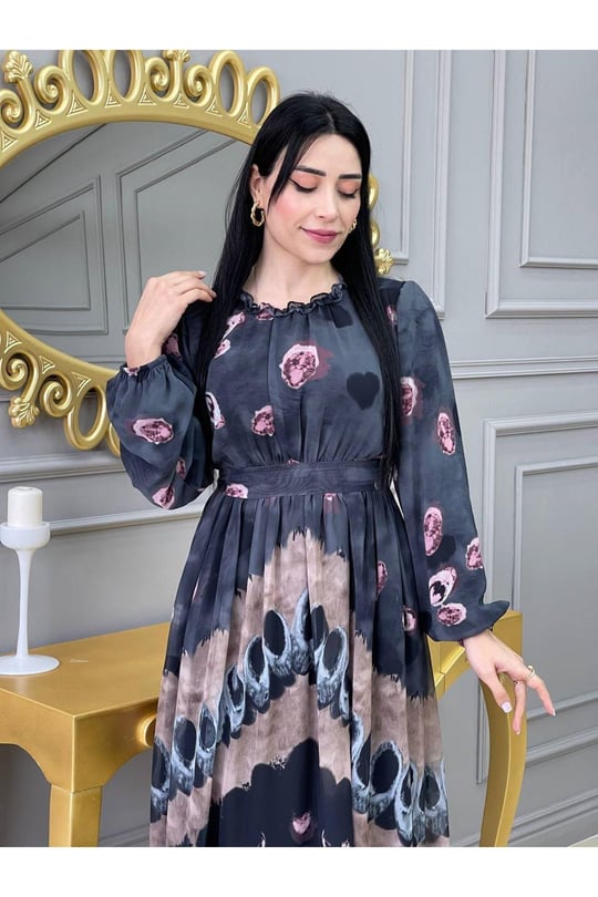 Baskı Desen Elbise 5136 Siyah